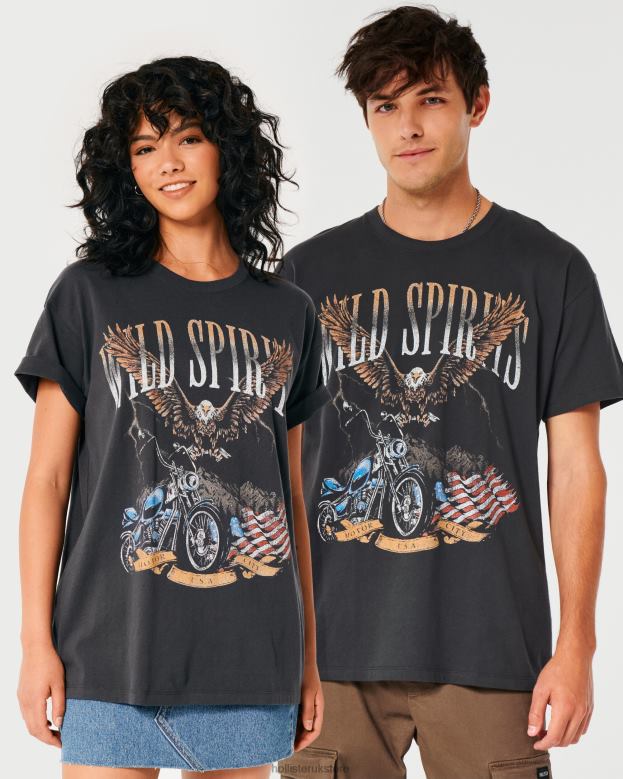 Tops Hollister Women Oversized Wild Spirits Motorcycle Graphic Tee 48820423 Dark Grey