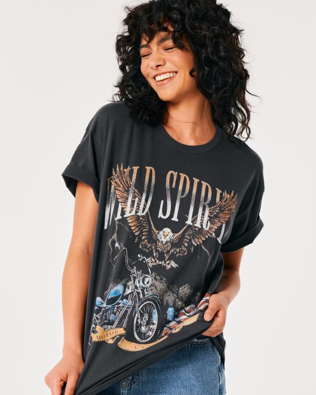 Tops Hollister Women Oversized Wild Spirits Motorcycle Graphic Tee 48820423 Dark Grey