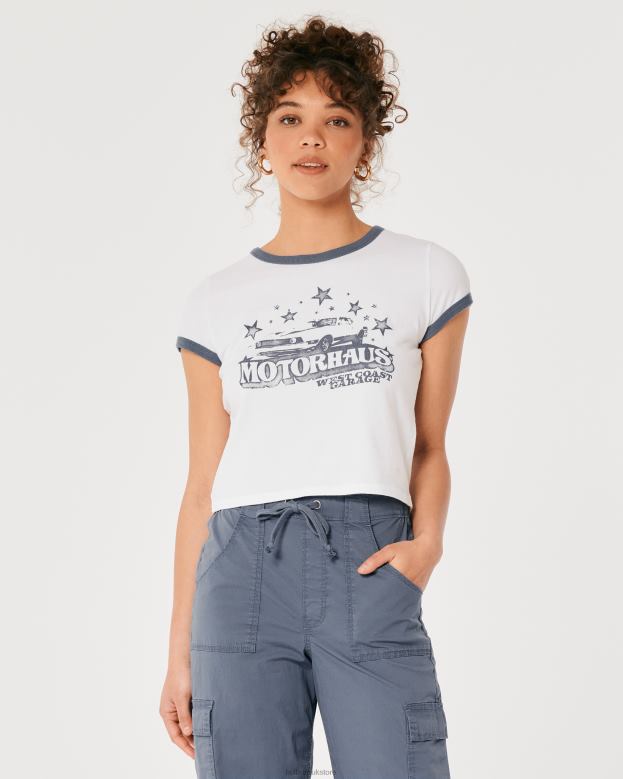 Tops Hollister Women Relaxed Motorhaus Graphic Baby Tee 48820274 White