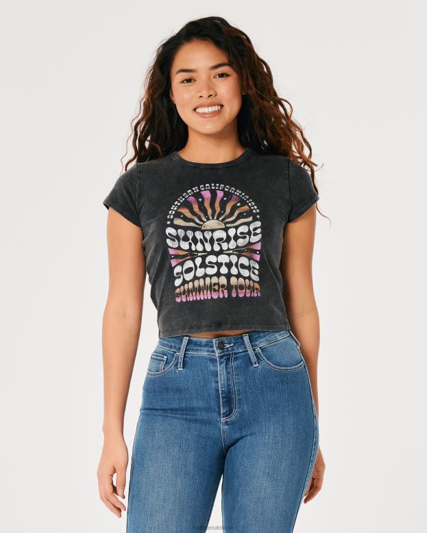 Tops Hollister Women Relaxed Sunrise Solstice Graphic Baby Tee 48820347 Washed Black