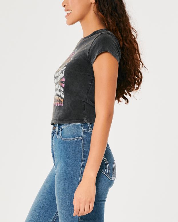 Tops Hollister Women Relaxed Sunrise Solstice Graphic Baby Tee 48820347 Washed Black