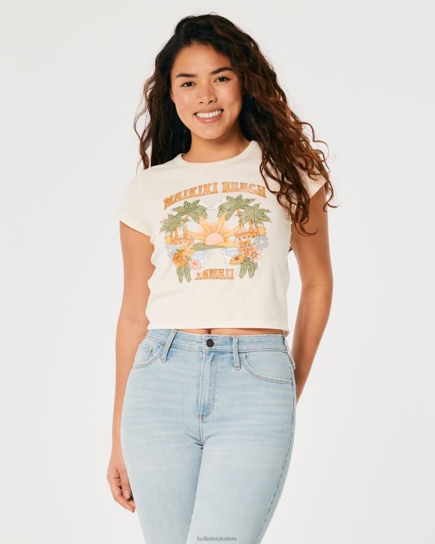Tops Hollister Women Relaxed Waikiki Beach Hawaii Graphic Baby Tee 48820147 Cream And Orange