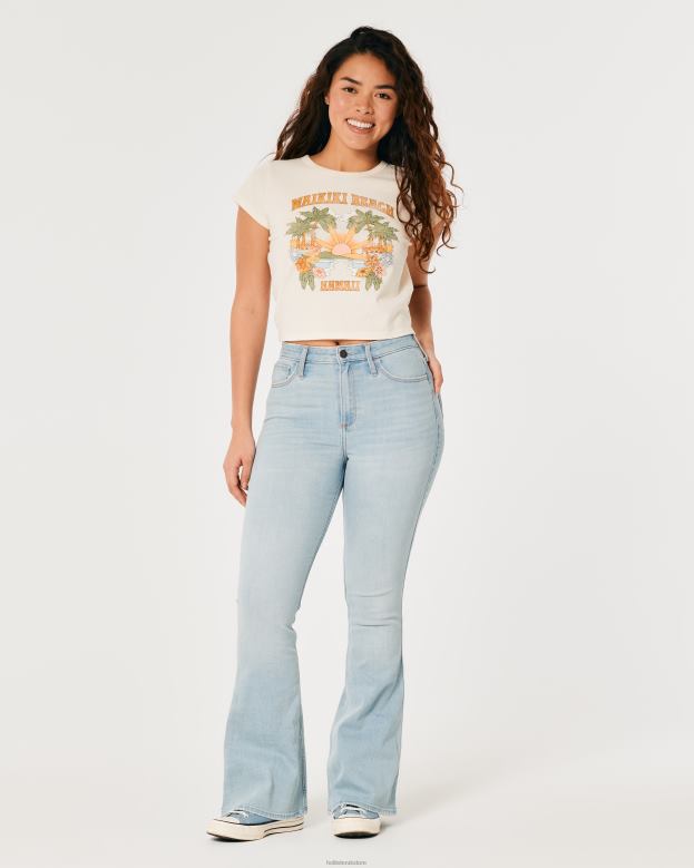 Tops Hollister Women Relaxed Waikiki Beach Hawaii Graphic Baby Tee 48820147 Cream And Orange