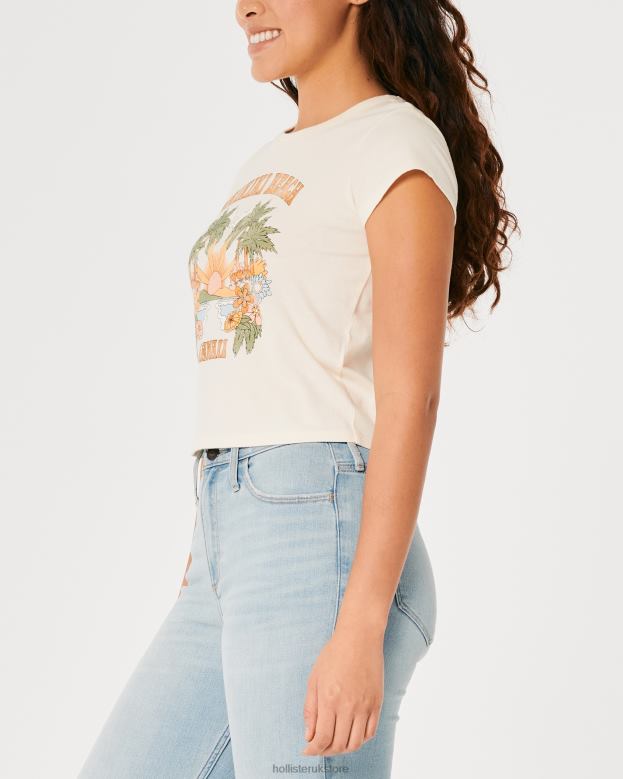 Tops Hollister Women Relaxed Waikiki Beach Hawaii Graphic Baby Tee 48820147 Cream And Orange