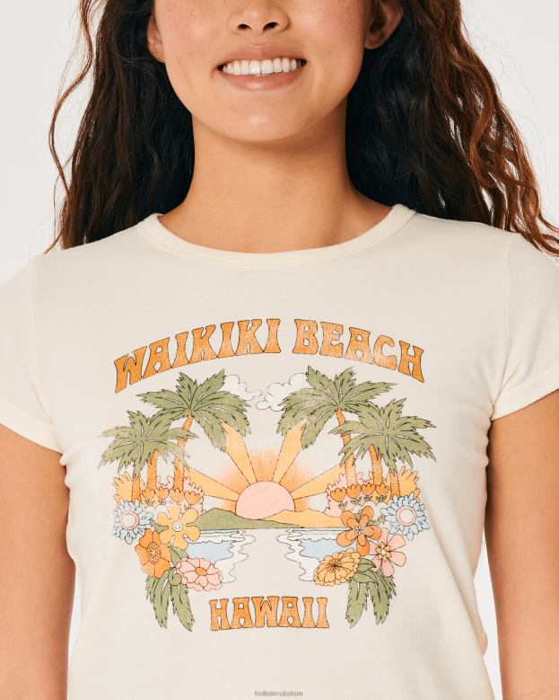 Tops Hollister Women Relaxed Waikiki Beach Hawaii Graphic Baby Tee 48820147 Cream And Orange