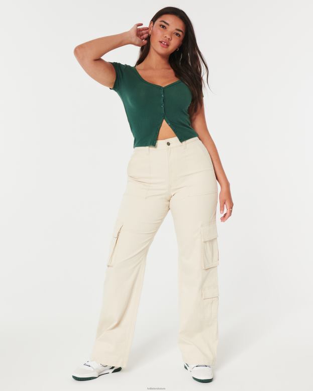 Tops Hollister Women Ribbed Button-Through V-Neck Top 48820235 Dark Green