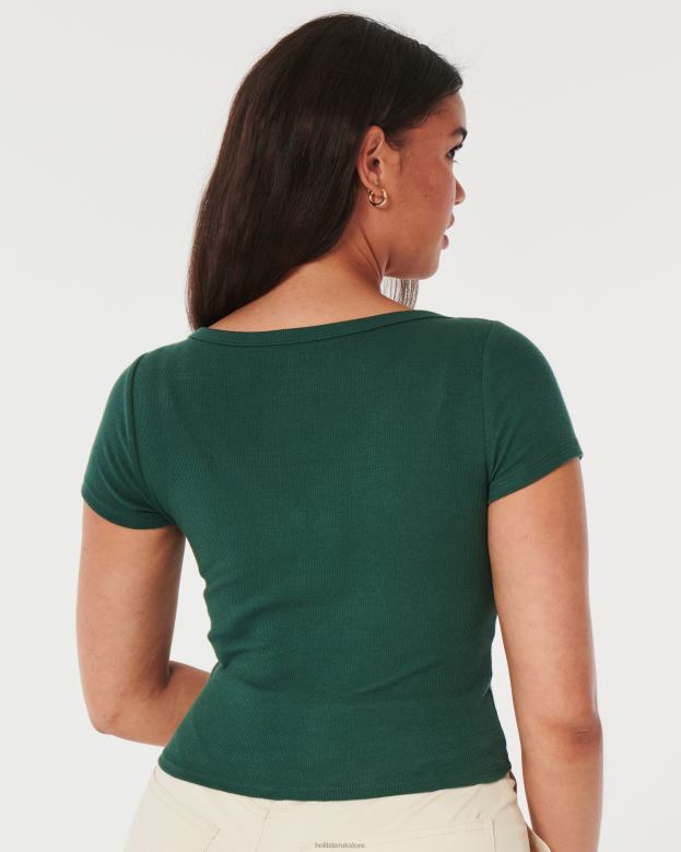 Tops Hollister Women Ribbed Button-Through V-Neck Top 48820235 Dark Green
