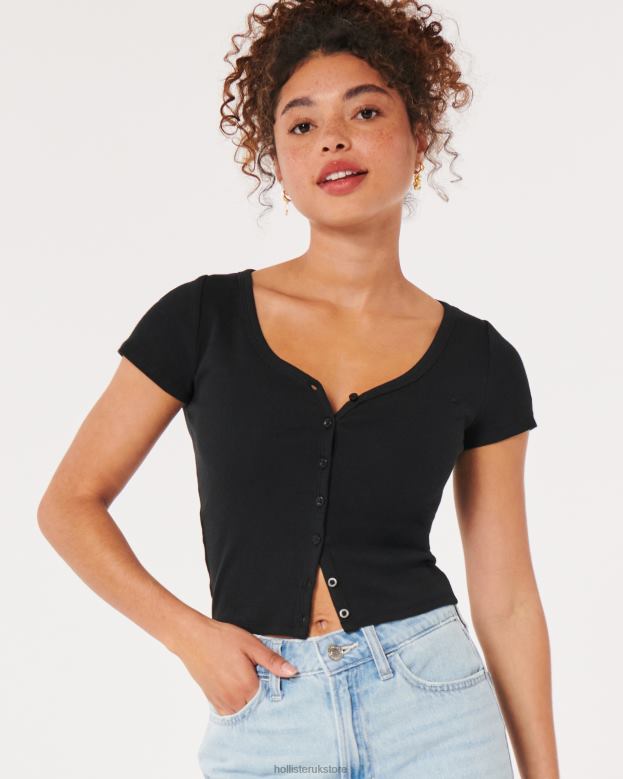 Tops Hollister Women Ribbed Button-Through V-Neck Top 48820243 Black