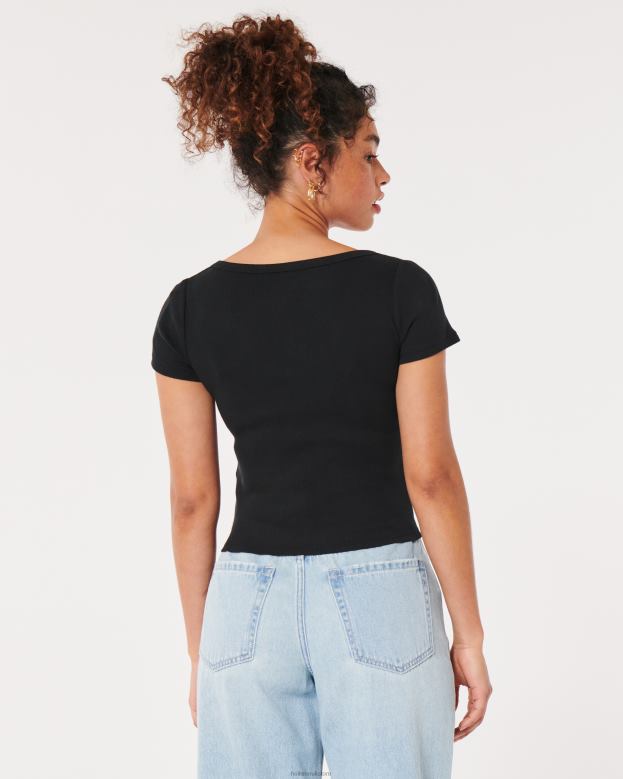 Tops Hollister Women Ribbed Button-Through V-Neck Top 48820243 Black
