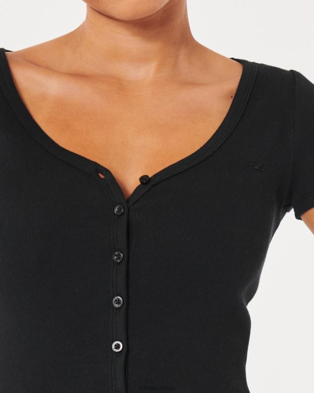 Tops Hollister Women Ribbed Button-Through V-Neck Top 48820243 Black