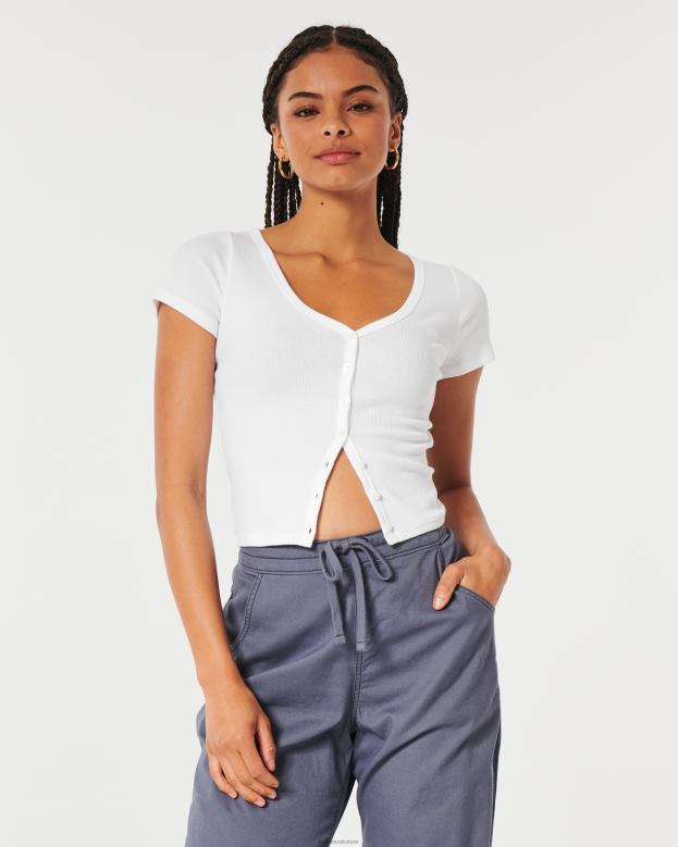 Tops Hollister Women Ribbed Button-Through V-Neck Top 48820312 White