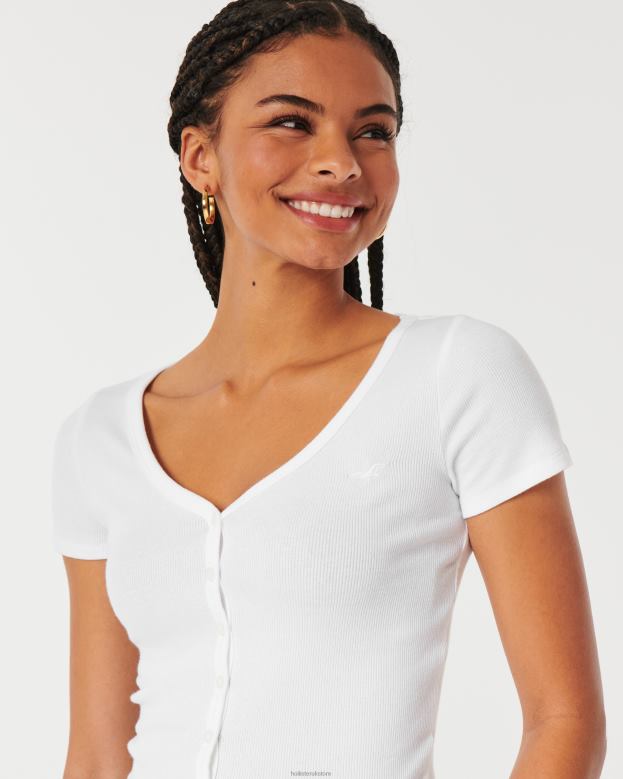 Tops Hollister Women Ribbed Button-Through V-Neck Top 48820312 White
