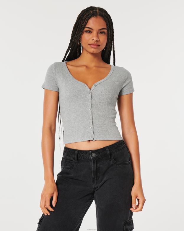 Tops Hollister Women Ribbed Button-Through V-Neck Top 48820335 Heather Grey