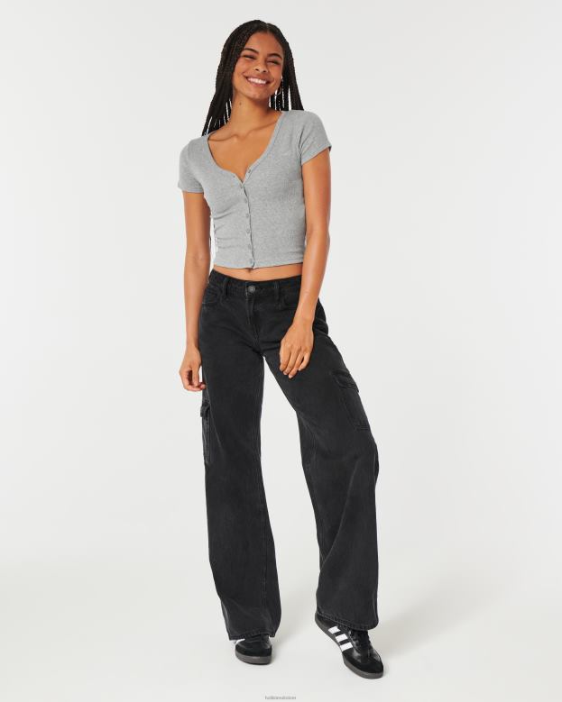 Tops Hollister Women Ribbed Button-Through V-Neck Top 48820335 Heather Grey