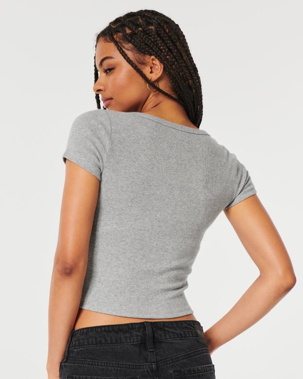 Tops Hollister Women Ribbed Button-Through V-Neck Top 48820335 Heather Grey