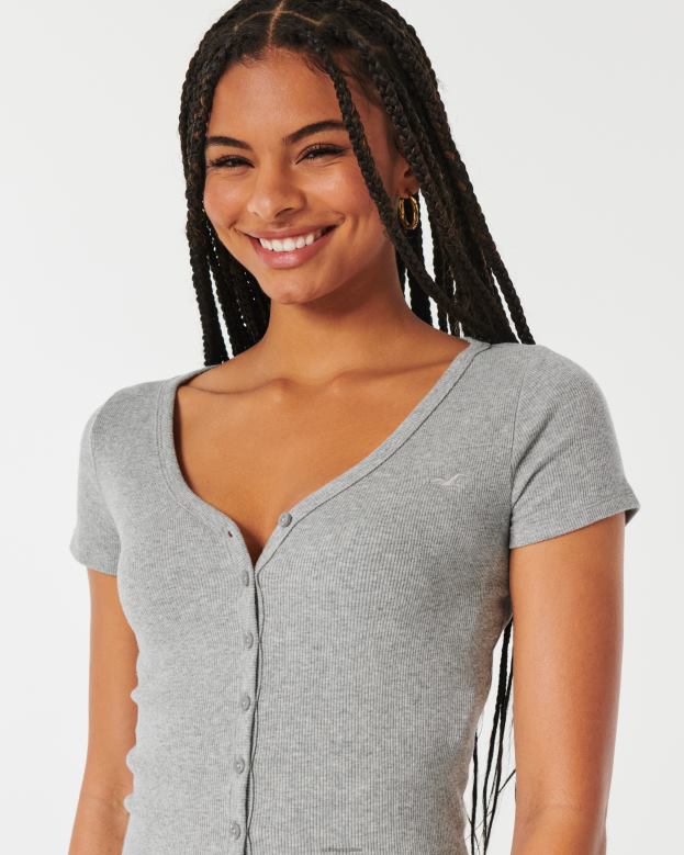 Tops Hollister Women Ribbed Button-Through V-Neck Top 48820335 Heather Grey