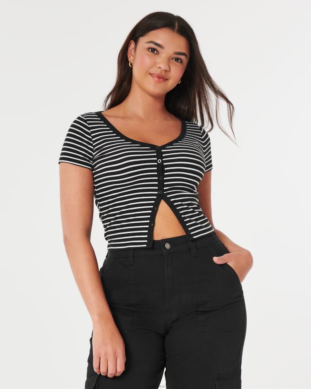 Tops Hollister Women Ribbed Button-Through V-Neck Top 48820348 White Stripe