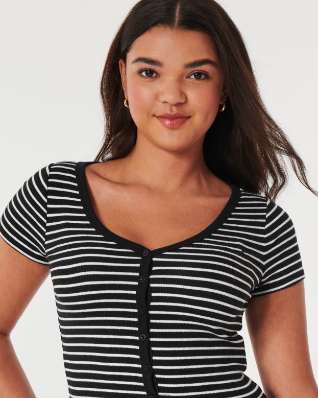 Tops Hollister Women Ribbed Button-Through V-Neck Top 48820348 White Stripe