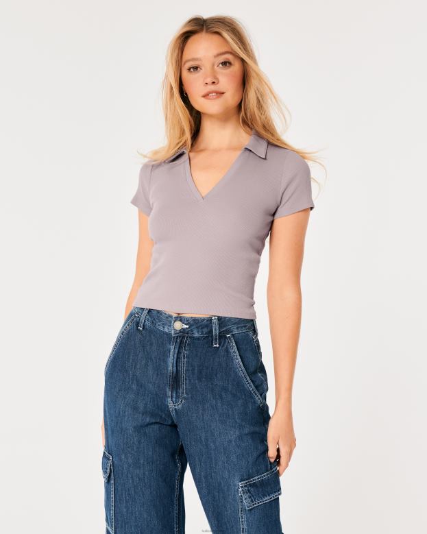 Tops Hollister Women Ribbed Buttonless Polo 48820357 Purple Grey