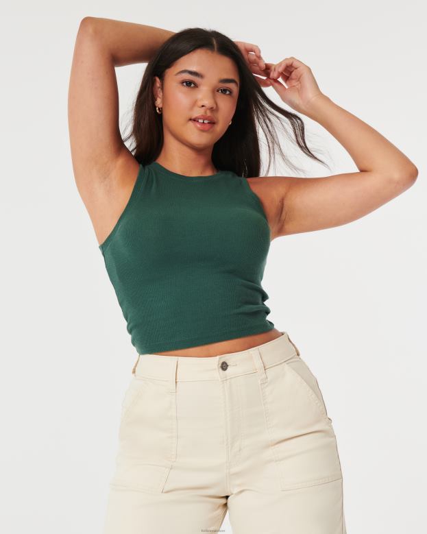 Tops Hollister Women Ribbed High-Neck Tank 4882018 Dark Green