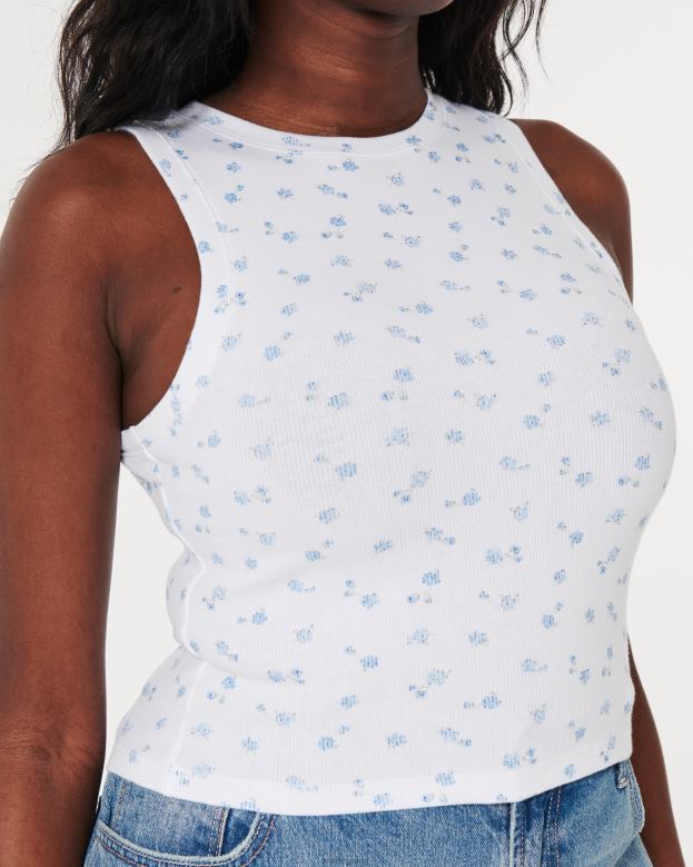 Tops Hollister Women Ribbed High-Neck Tank 48820237 White With Blue Floral
