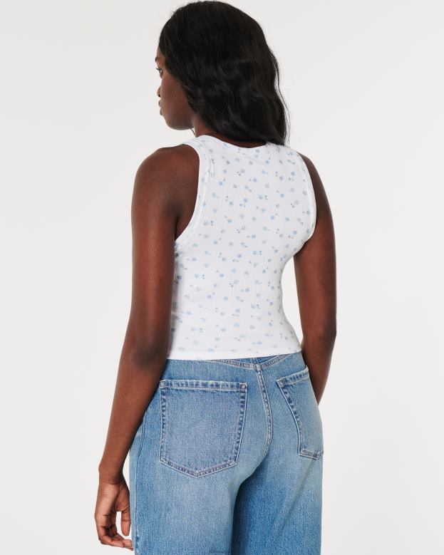 Tops Hollister Women Ribbed High-Neck Tank 48820237 White With Blue Floral