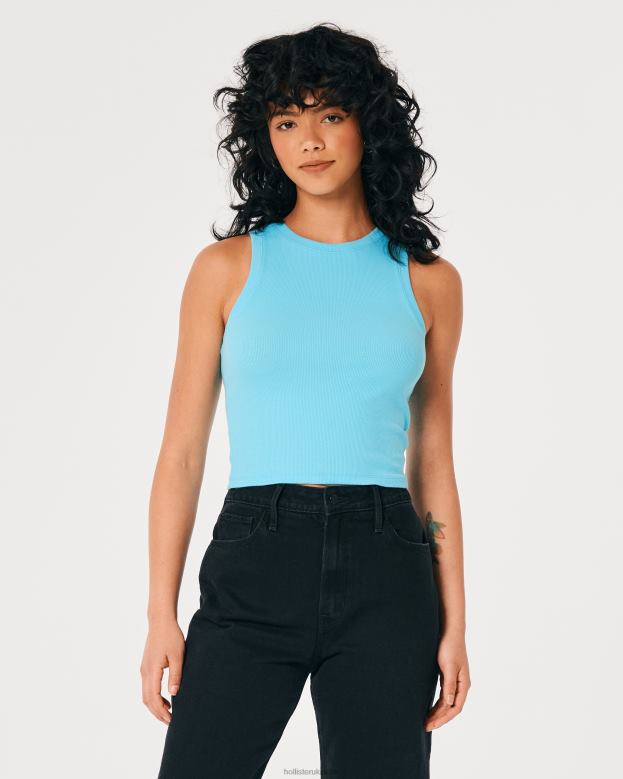 Tops Hollister Women Ribbed High-Neck Tank 48820378 Turquoise