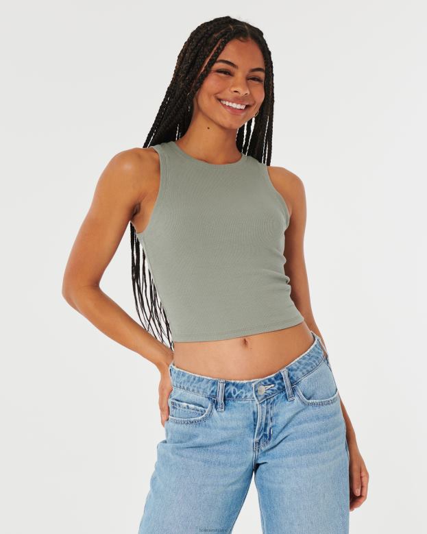Tops Hollister Women Ribbed High-Neck Tank 4882049 Olive Green