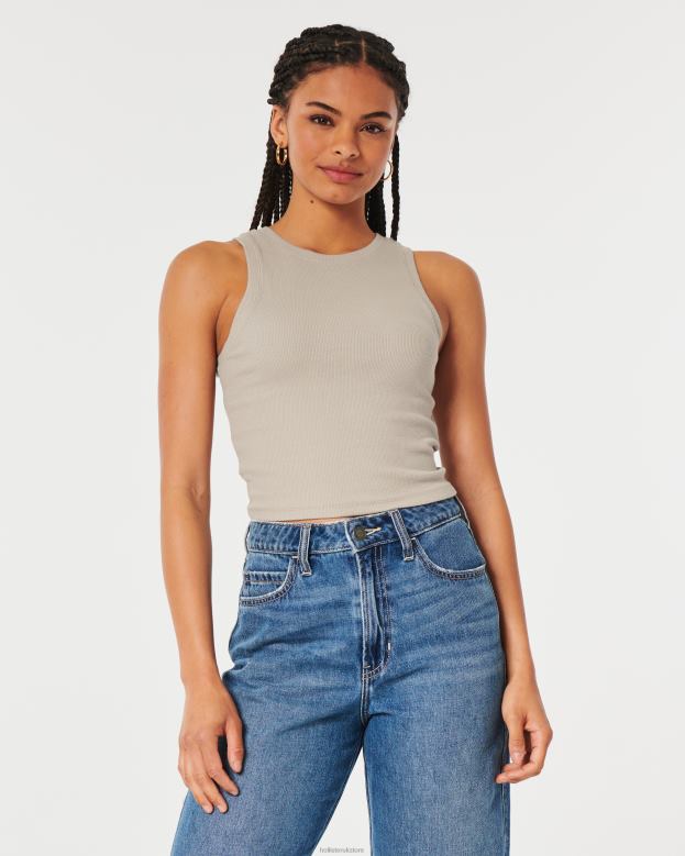 Tops Hollister Women Ribbed High-Neck Tank 4882055 Taupe
