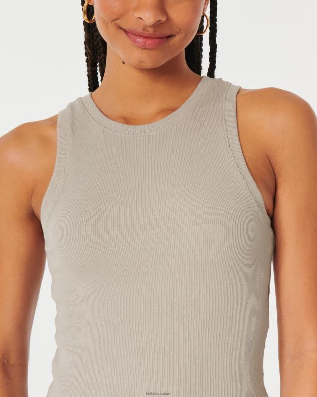 Tops Hollister Women Ribbed High-Neck Tank 4882055 Taupe