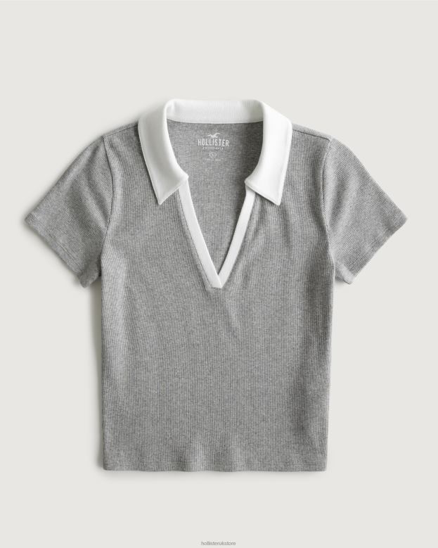 Tops Hollister Women Ribbed Polo 48820363 Light Grey