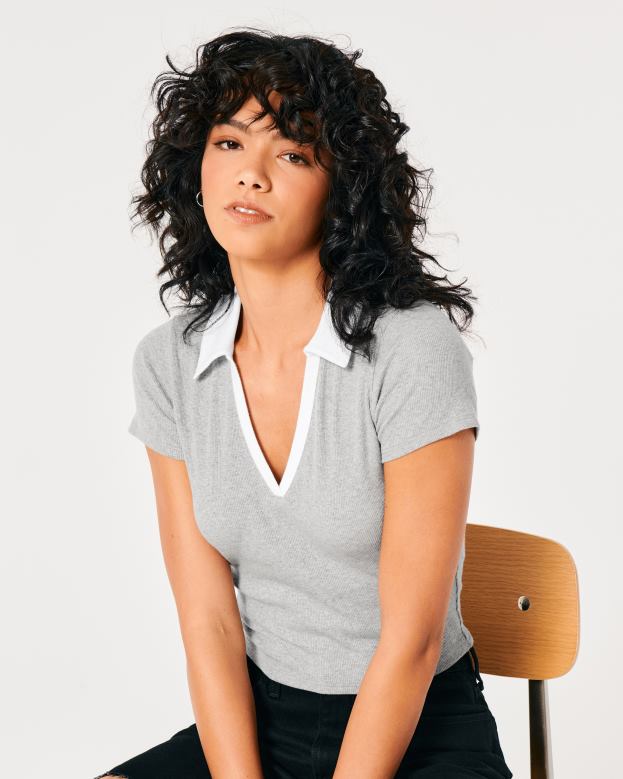 Tops Hollister Women Ribbed Polo 48820363 Light Grey