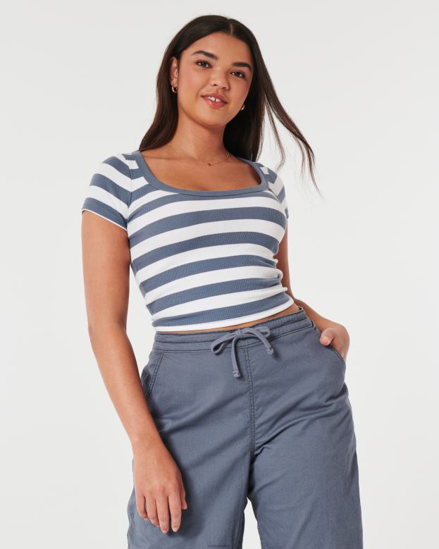Tops Hollister Women Ribbed Scoop Baby Tee 48820137 White Stripe