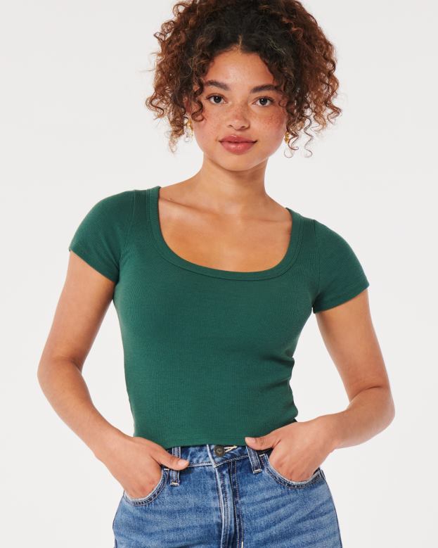 Tops Hollister Women Ribbed Scoop Baby Tee 48820212 Dark Green