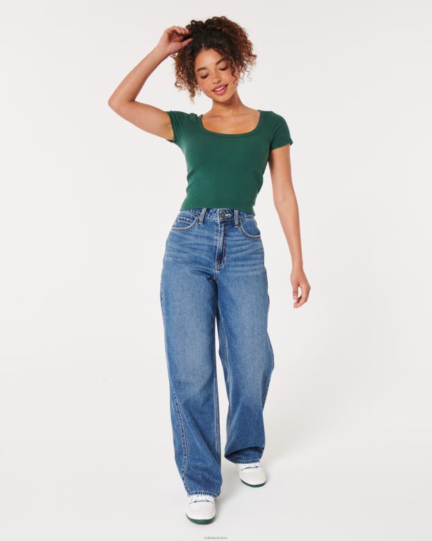 Tops Hollister Women Ribbed Scoop Baby Tee 48820212 Dark Green
