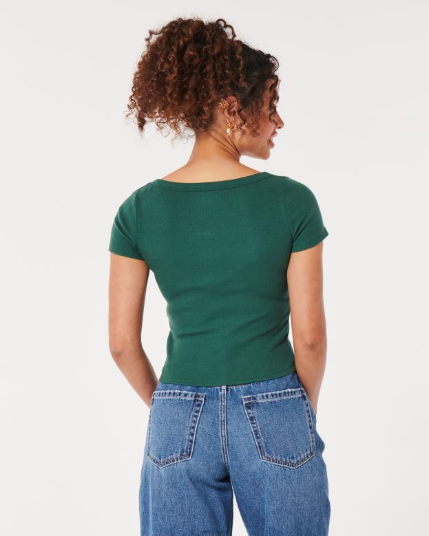 Tops Hollister Women Ribbed Scoop Baby Tee 48820212 Dark Green
