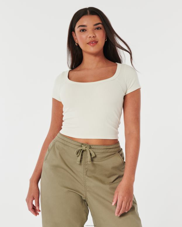 Tops Hollister Women Ribbed Scoop Baby Tee 48820228 Cream