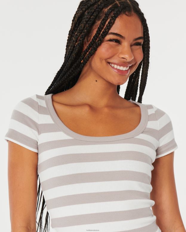 Tops Hollister Women Ribbed Scoop Baby Tee 48820325 Taupe Stripe