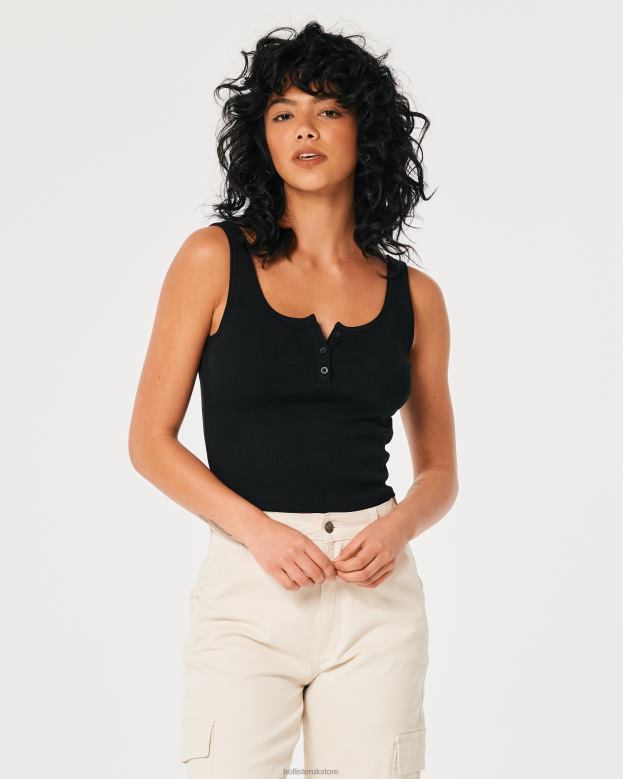 Tops Hollister Women Ribbed Scoop Henley Tank 48820104 Black
