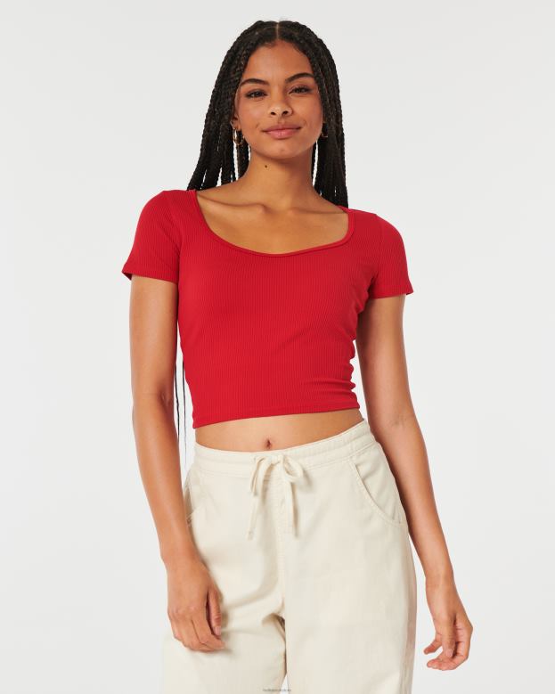 Tops Hollister Women Ribbed Seamless Fabric Sweetheart Baby Tee 48820316 Red