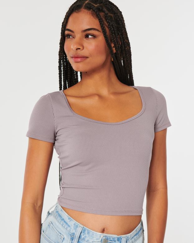 Tops Hollister Women Ribbed Seamless Fabric Sweetheart Baby Tee 48820326 Purple Grey