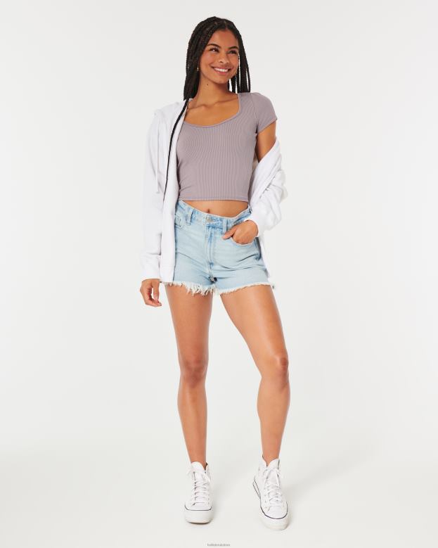 Tops Hollister Women Ribbed Seamless Fabric Sweetheart Baby Tee 48820326 Purple Grey