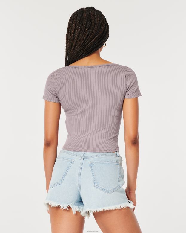 Tops Hollister Women Ribbed Seamless Fabric Sweetheart Baby Tee 48820326 Purple Grey
