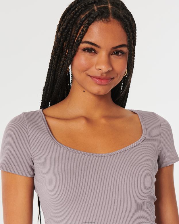 Tops Hollister Women Ribbed Seamless Fabric Sweetheart Baby Tee 48820326 Purple Grey