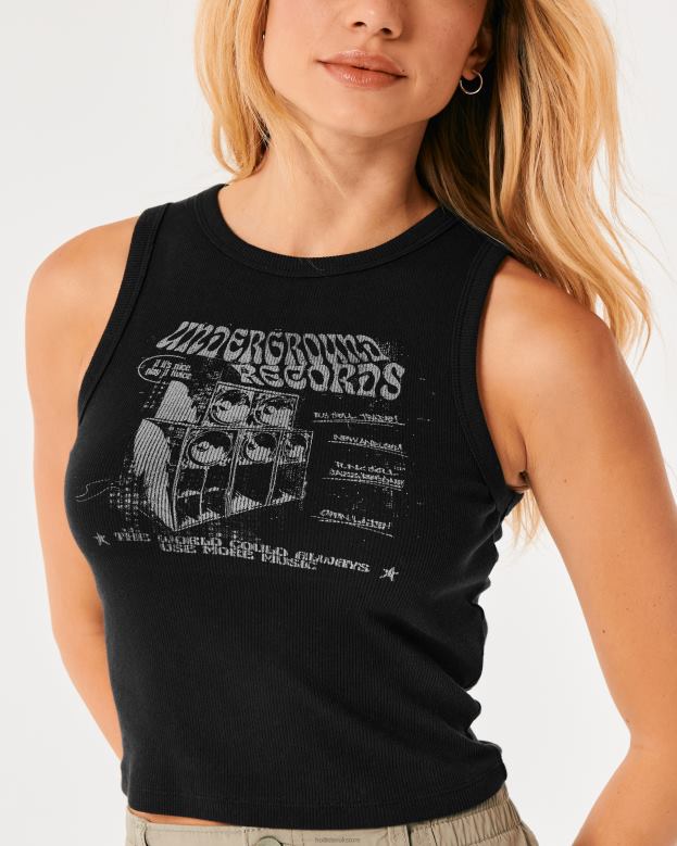 Tops Hollister Women Ribbed Underground Records Graphic Tank 4882056 Black