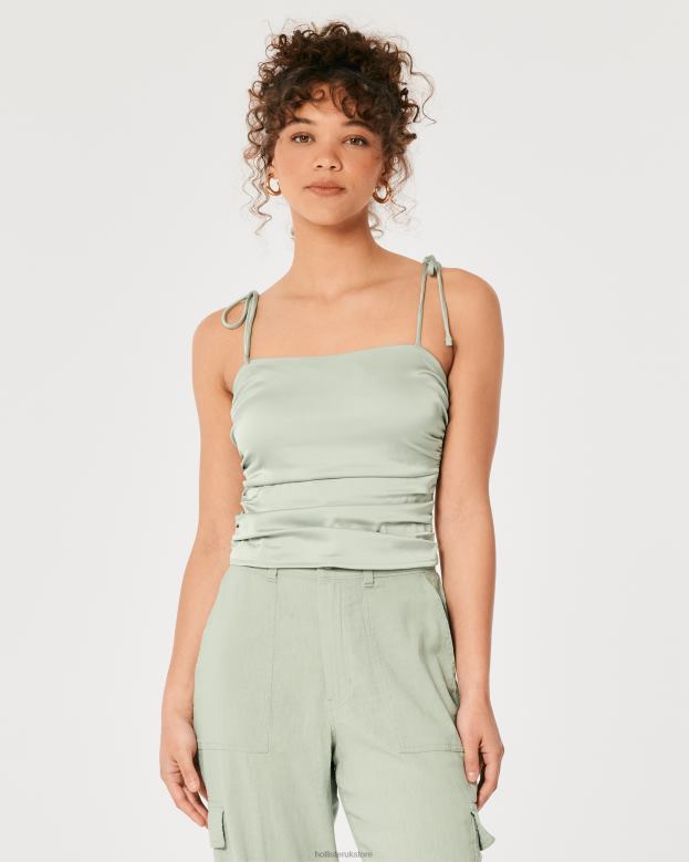 Tops Hollister Women Ruched Stretch Satin Top 48820210 Sage Green