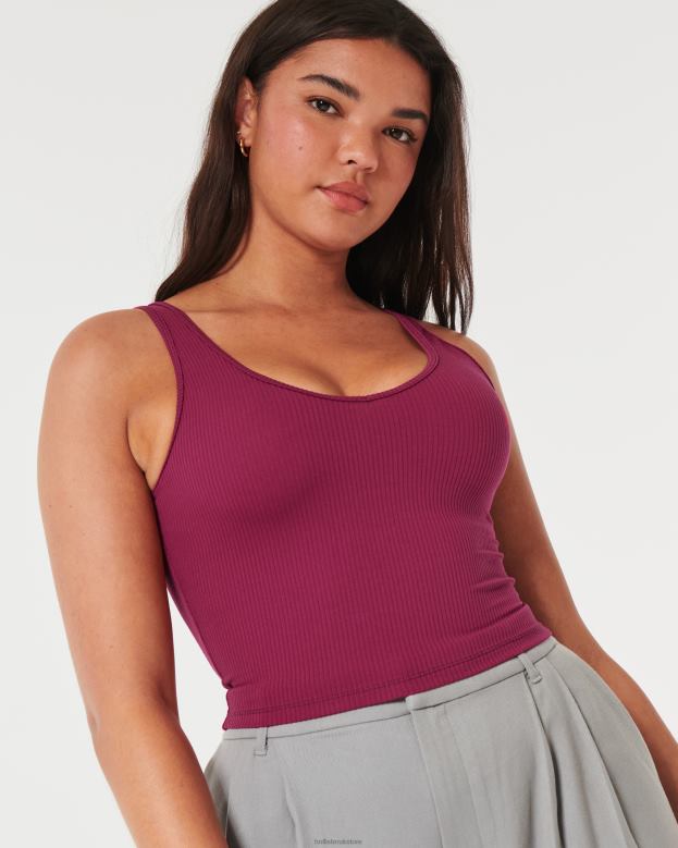 Tops Hollister Women Seamless Fabric Ribbed Crop V-Neck Tank 48820106 Maroon