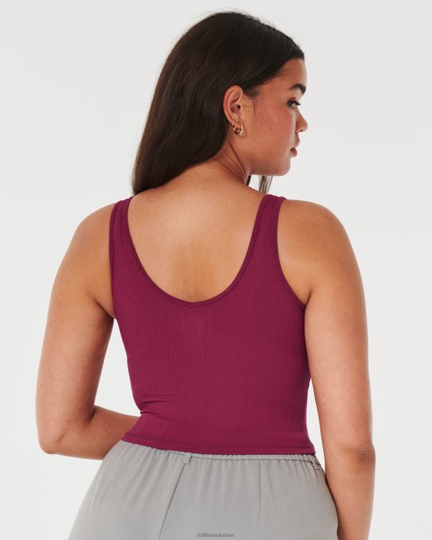 Tops Hollister Women Seamless Fabric Ribbed Crop V-Neck Tank 48820106 Maroon