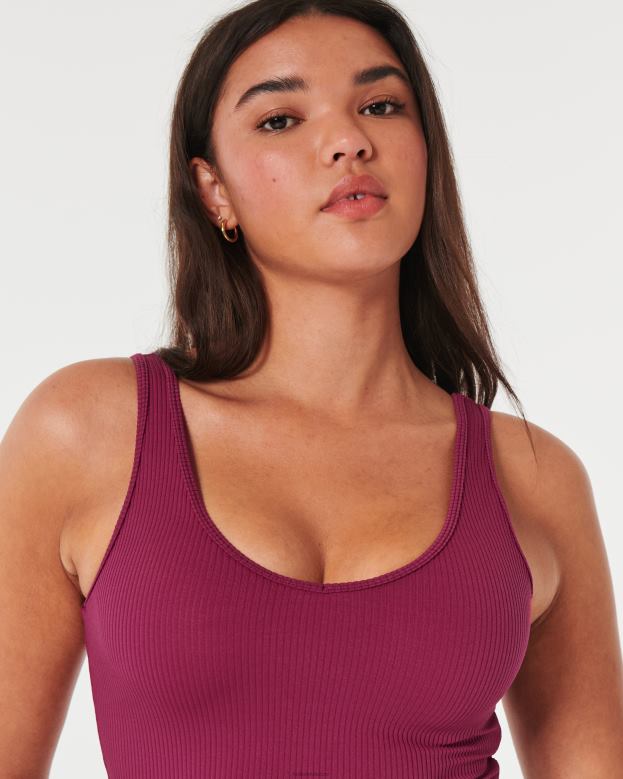 Tops Hollister Women Seamless Fabric Ribbed Crop V-Neck Tank 48820106 Maroon