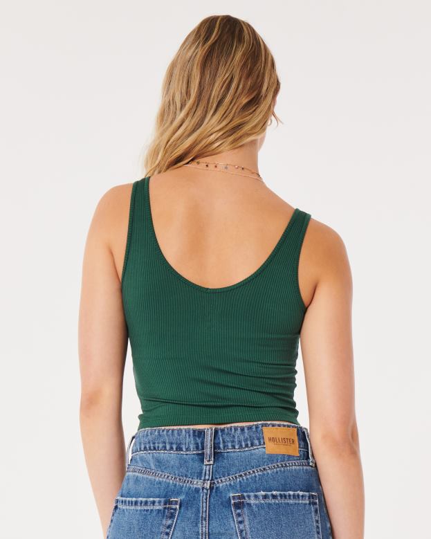 Tops Hollister Women Seamless Fabric Ribbed Crop V-Neck Tank 4882042 Dark Green